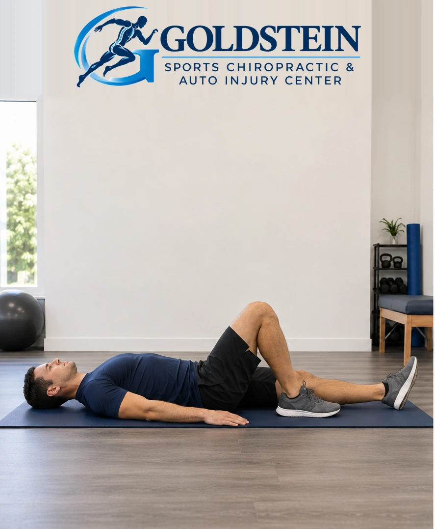 Start position. Temporary AI demonstration of Single Knee to Chest; anonymous model, not Dr. Goldstein or a patient.