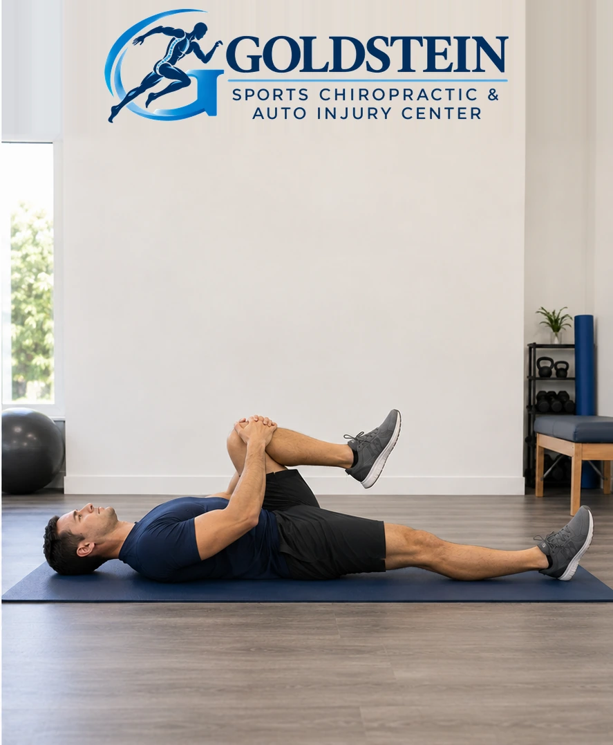 Movement position. Temporary AI demonstration of Single Knee to Chest; anonymous model, not Dr. Goldstein or a patient.