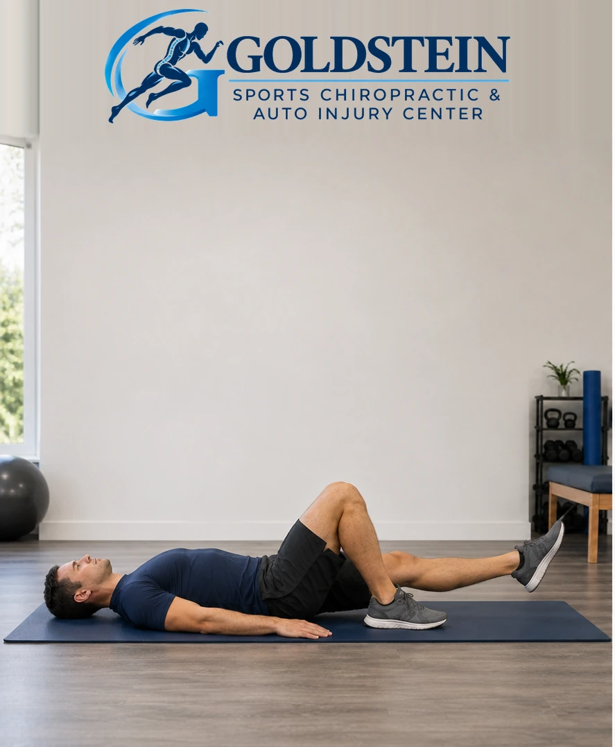 Start position. Temporary AI demonstration of Single-Leg Bridge; not Dr. Goldstein or an actual patient.