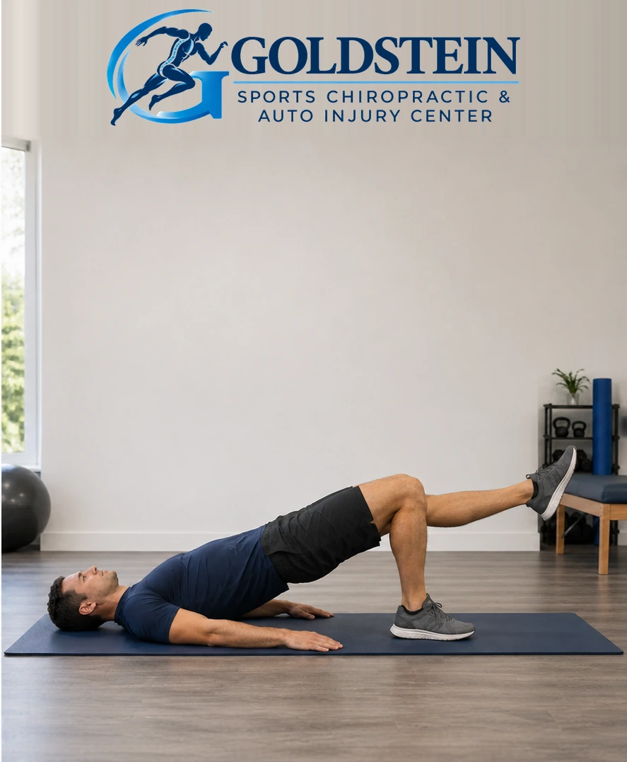 Movement position. Temporary AI demonstration of Single-Leg Bridge; not Dr. Goldstein or an actual patient.