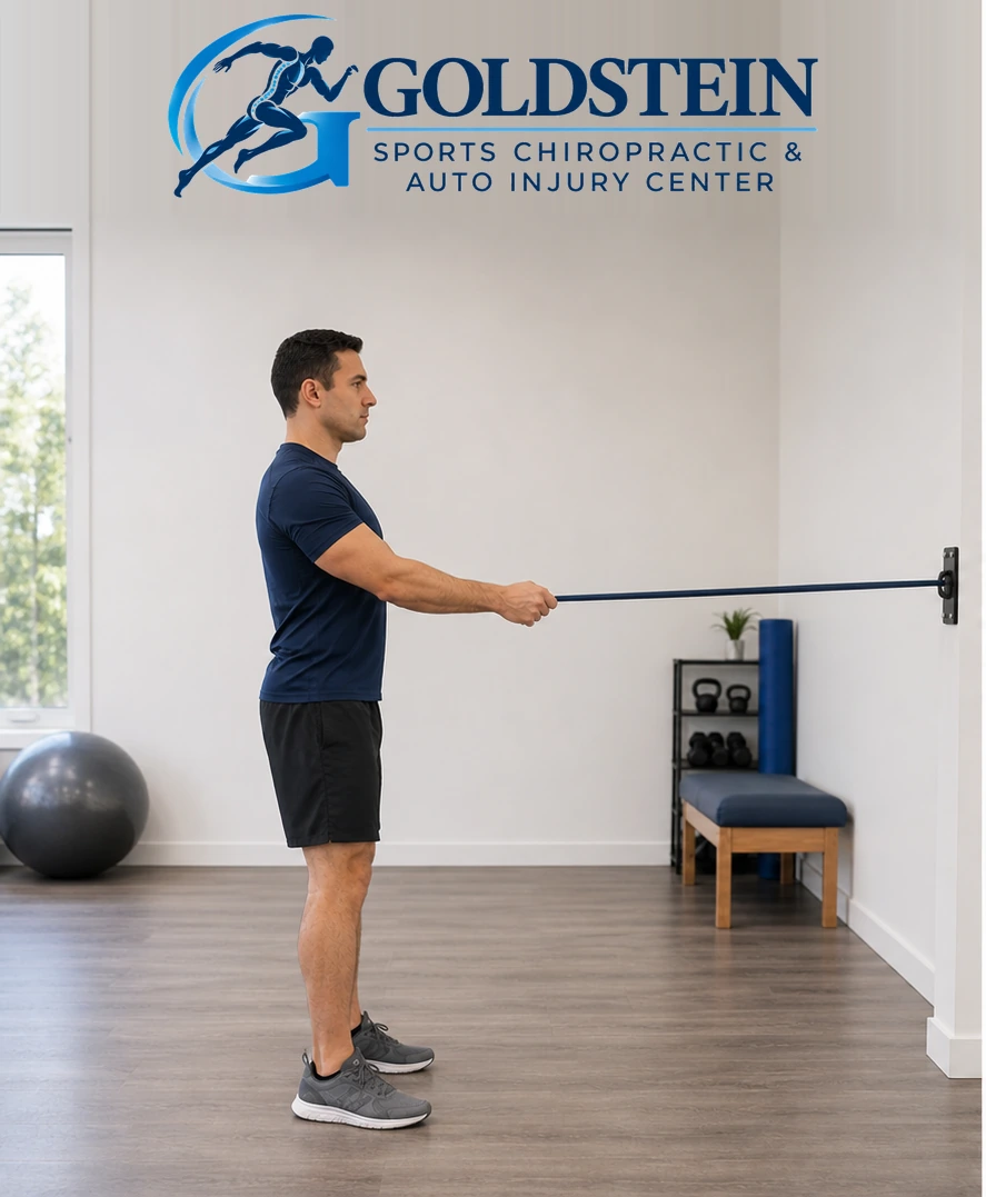 Start position. Temporary AI demonstration of Standing Band Row; anonymous model, not Dr. Goldstein or a patient.