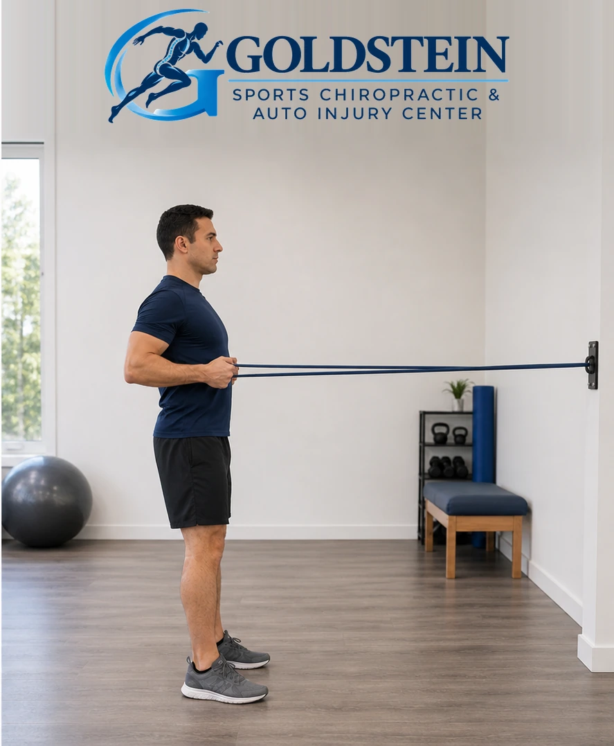 Movement position. Temporary AI demonstration of Standing Band Row; anonymous model, not Dr. Goldstein or a patient.