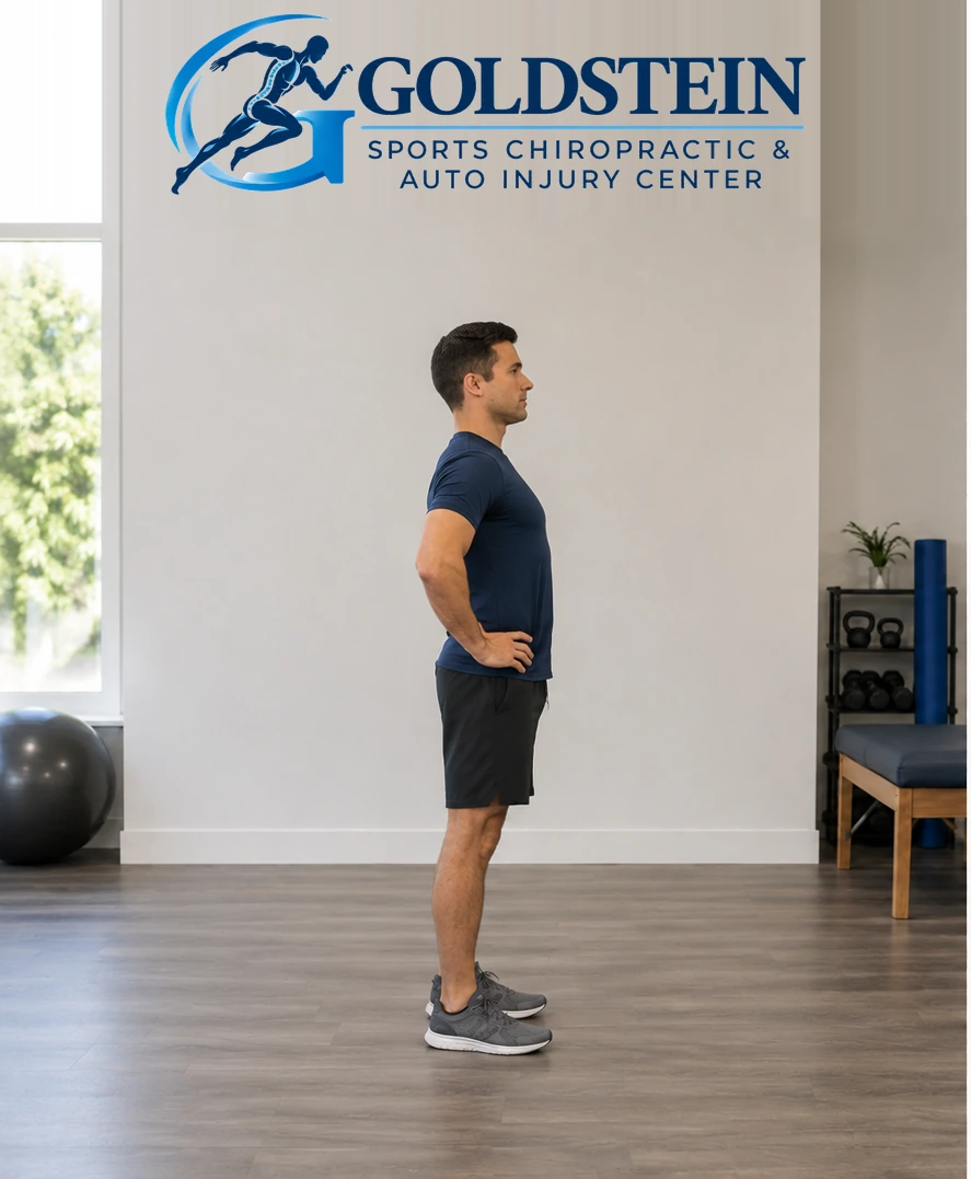 Start position. Temporary AI demonstration of Standing Lumbar Extension; anonymous model, not Dr. Goldstein or a patient.
