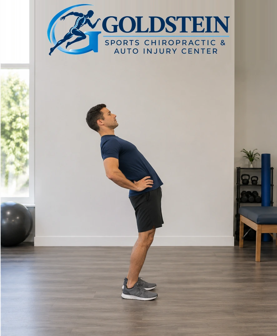 Movement position. Temporary AI demonstration of Standing Lumbar Extension; anonymous model, not Dr. Goldstein or a patient.