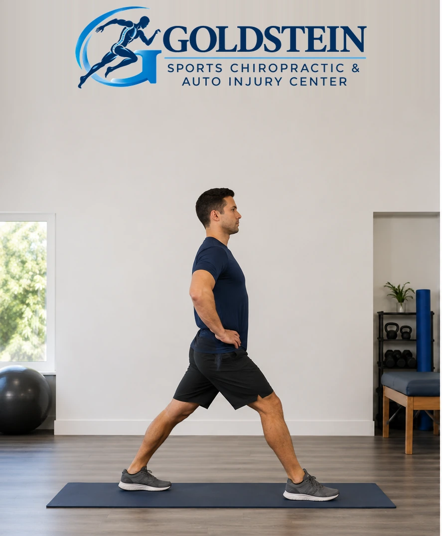 Start position. Temporary AI demonstration of Standing Hip Flexor Stretch; not Dr. Goldstein or an actual patient.