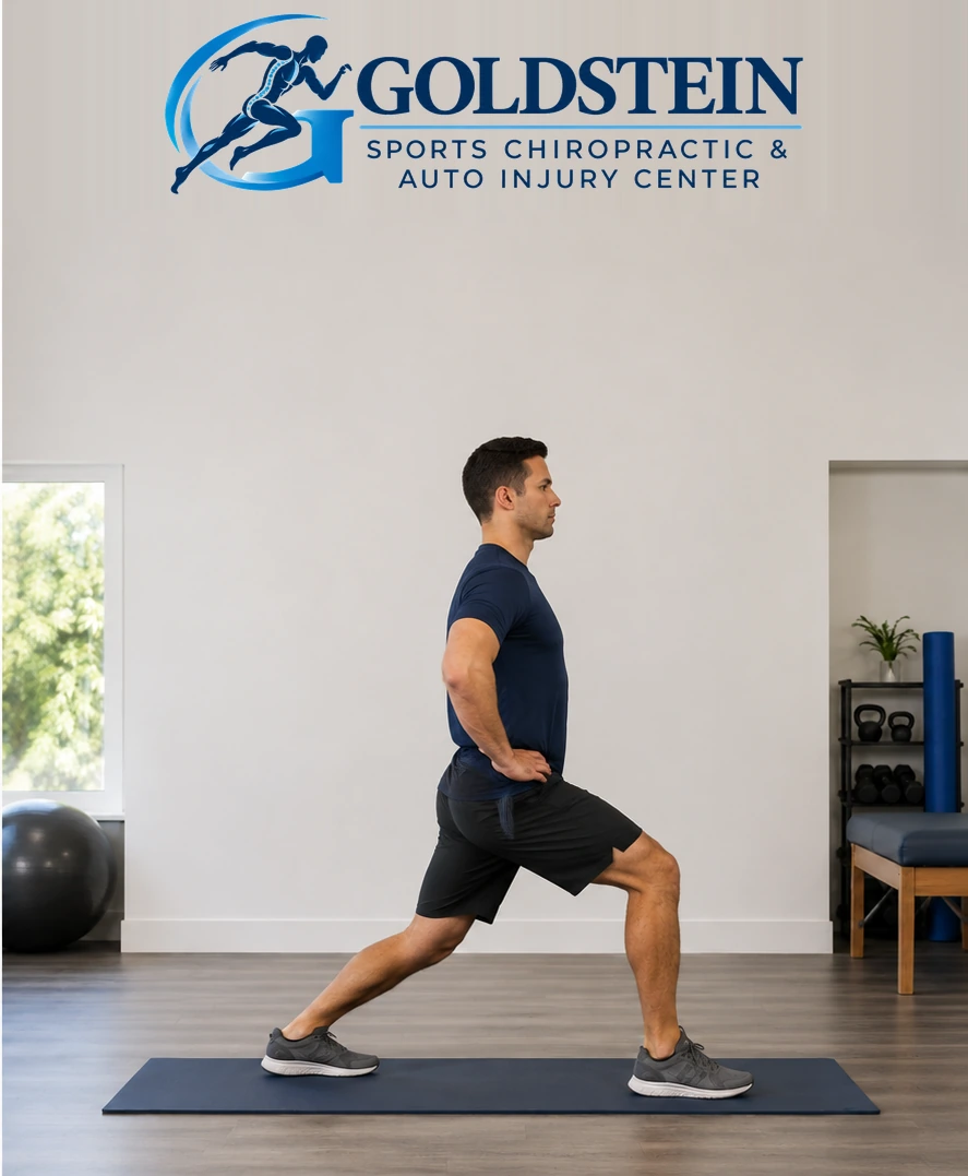 Movement position. Temporary AI demonstration of Standing Hip Flexor Stretch; not Dr. Goldstein or an actual patient.