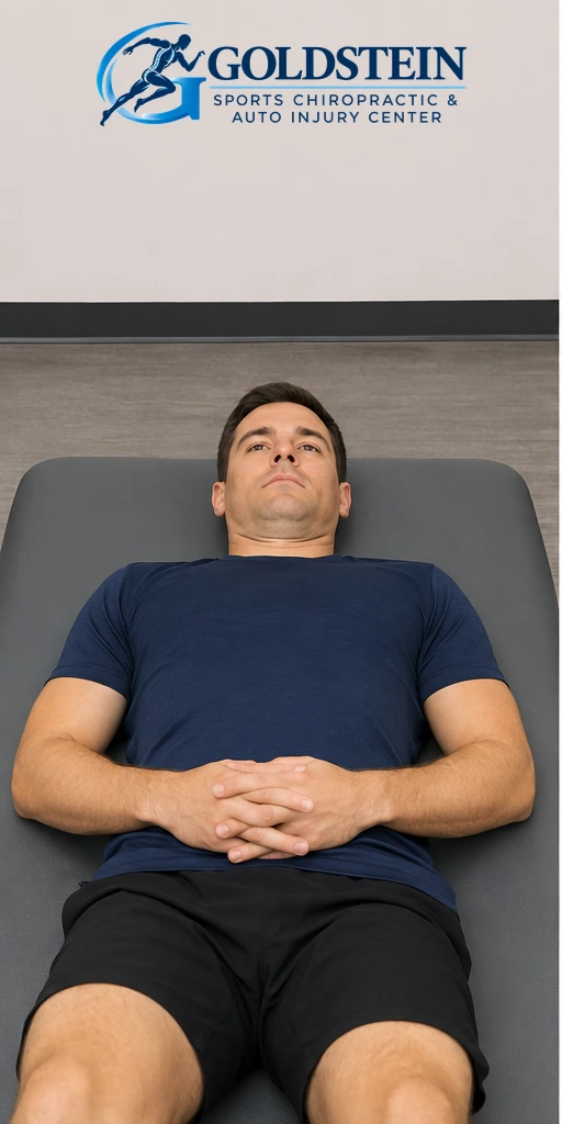 Center — chin retracted. Temporary AI demonstration of Supine Neck Rotation; anonymous model, not Dr. Goldstein or a patient.