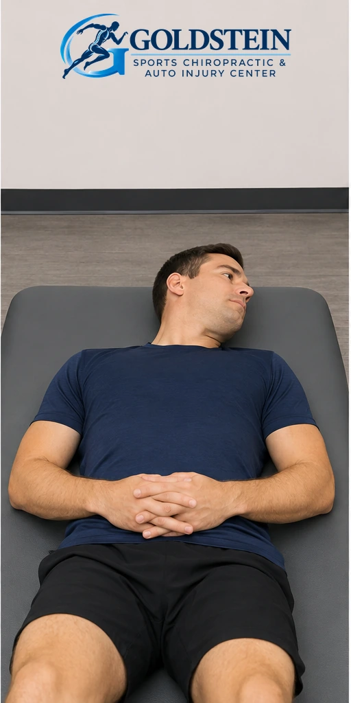 Rotate to one side. Temporary AI demonstration of Supine Neck Rotation; anonymous model, not Dr. Goldstein or a patient.