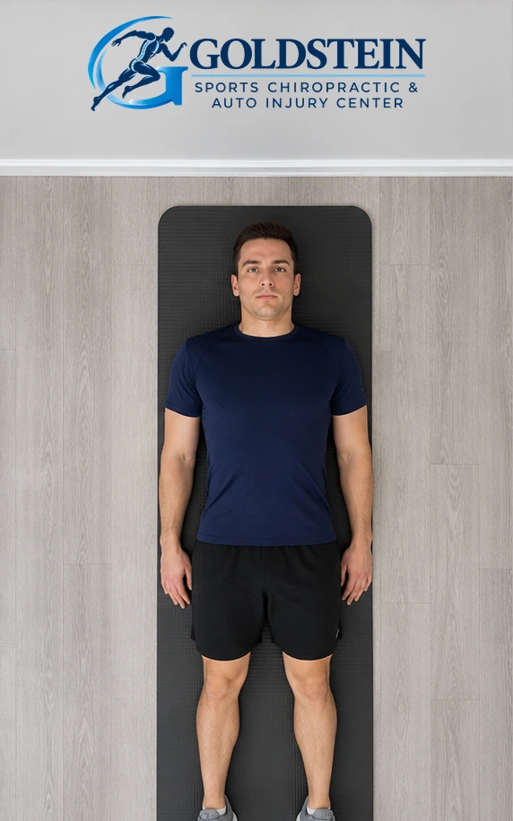 Center — head supported. Temporary AI demonstration of Supine Cervical Side Bend; anonymous model, not Dr. Goldstein or a patient.