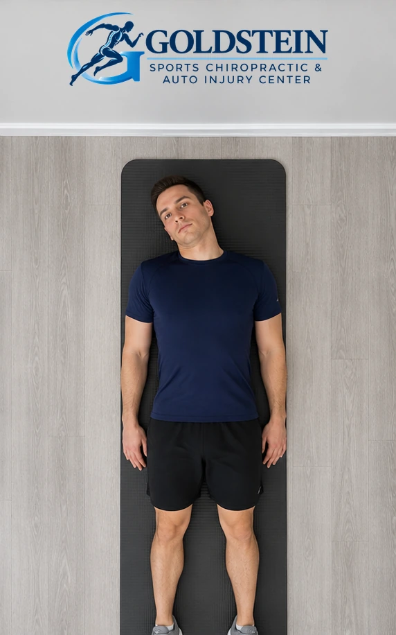 Opposite side. Temporary AI demonstration of Supine Cervical Side Bend; anonymous model, not Dr. Goldstein or a patient.