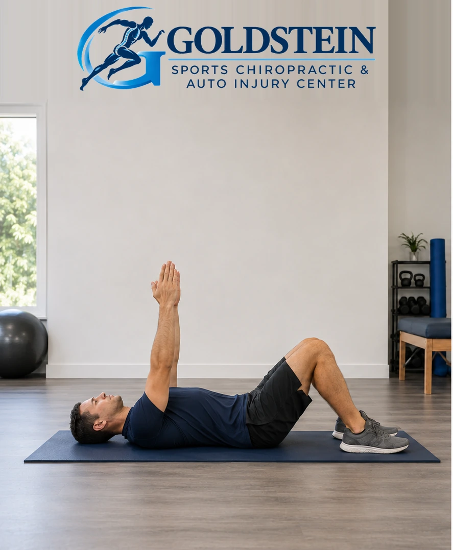 Start position. Temporary AI demonstration of Supine Posture Press; anonymous model, not Dr. Goldstein or a patient.