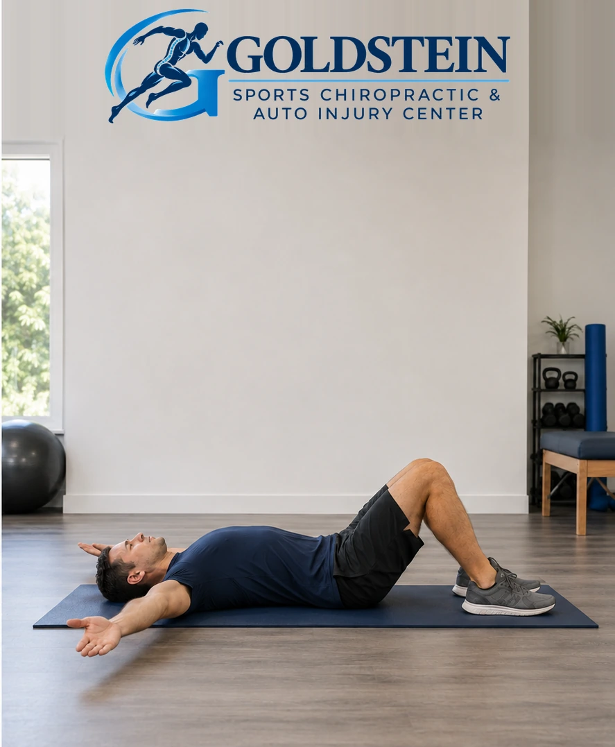 Movement position. Temporary AI demonstration of Supine Posture Press; anonymous model, not Dr. Goldstein or a patient.