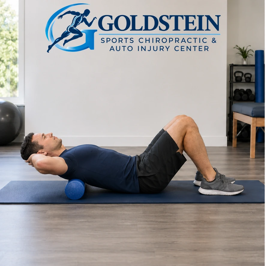 Start position. Temporary AI model demonstrating Thoracic Extensions on Foam Roller, not Dr. Goldstein. Start and movement positions are described in the instructions.