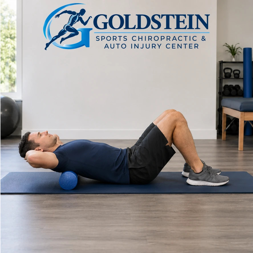 Movement position. Temporary AI model demonstrating Thoracic Extensions on Foam Roller, not Dr. Goldstein. Start and movement positions are described in the instructions.