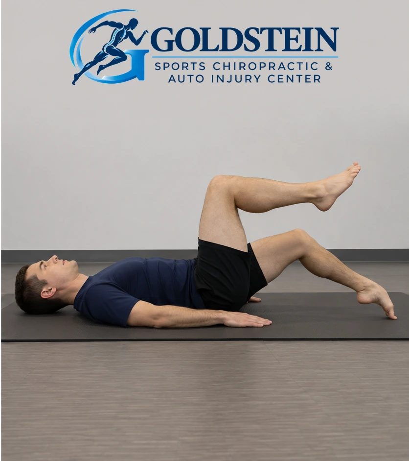 Toes touch — heel lifted. Temporary AI demonstration of Supine Toe Tap; anonymous model, not Dr. Goldstein or a patient.