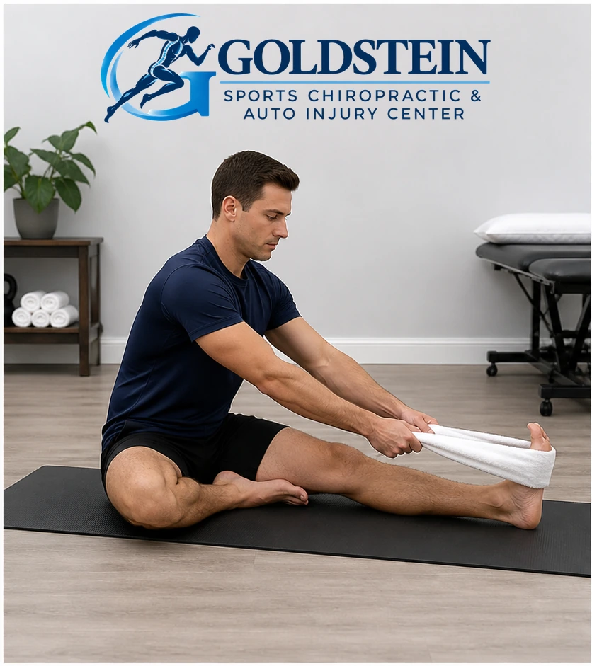 Towel around one forefoot. Temporary AI demonstration of Towel Stretch; not Dr. Goldstein or an actual patient.