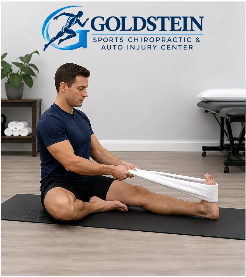 Gentle pull. Temporary AI demonstration of Towel Stretch; not Dr. Goldstein or an actual patient.