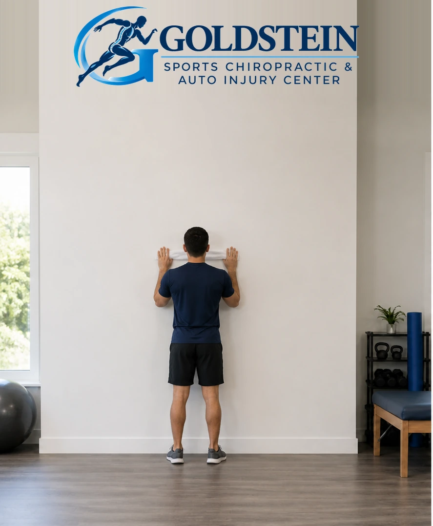 Start position. Temporary AI demonstration of Wall Slide with Towel; anonymous model, not Dr. Goldstein or a patient.