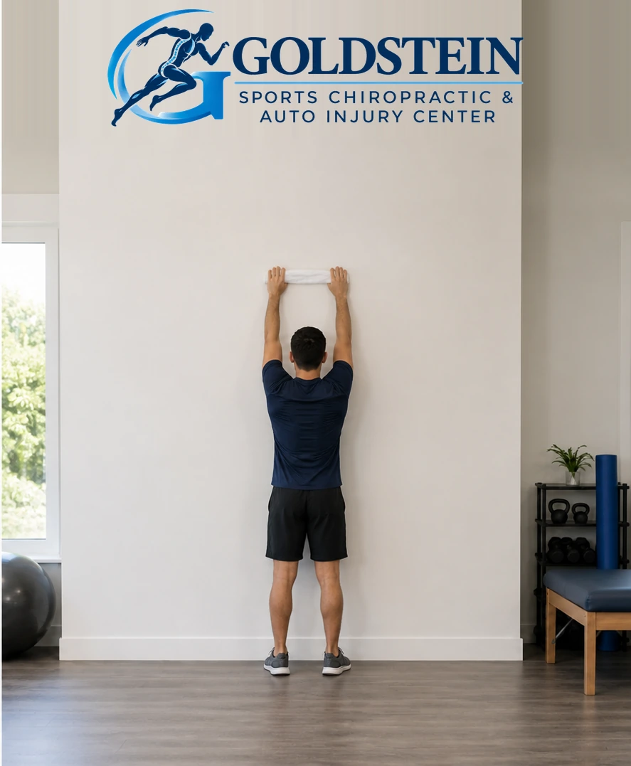 Movement position. Temporary AI demonstration of Wall Slide with Towel; anonymous model, not Dr. Goldstein or a patient.