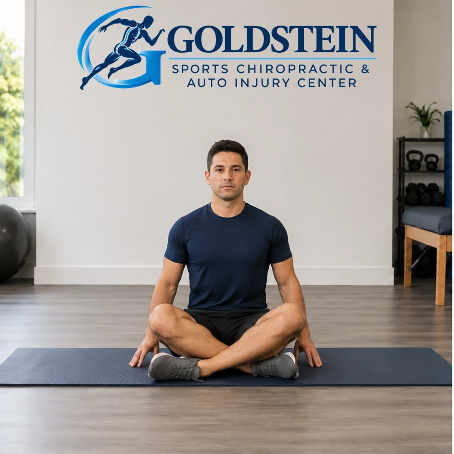 Start position. Temporary AI model demonstrating Upper Trapezius Stretch, not Dr. Goldstein. Start and movement positions are described in the instructions.