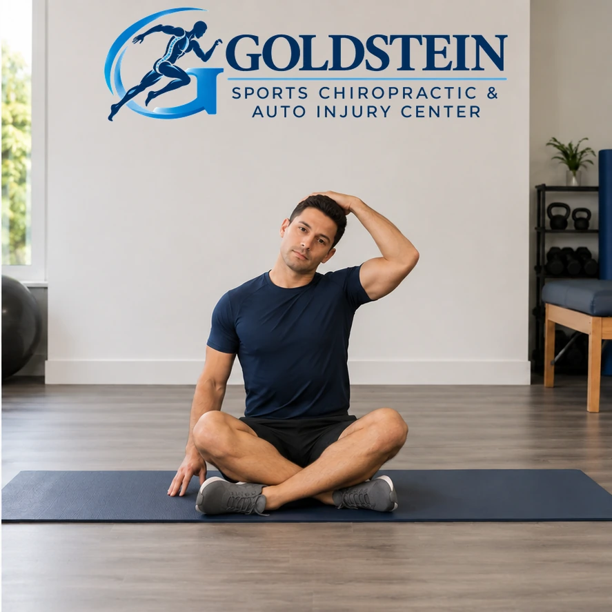 Movement position. Temporary AI model demonstrating Upper Trapezius Stretch, not Dr. Goldstein. Start and movement positions are described in the instructions.
