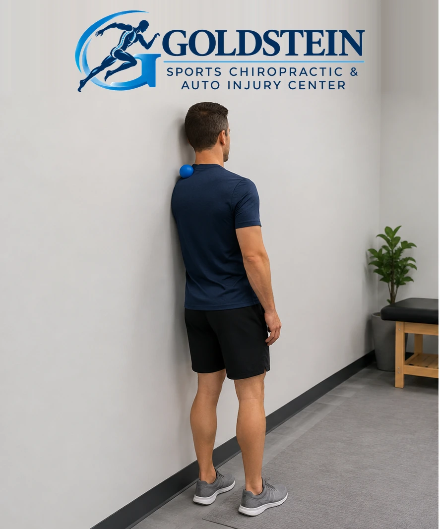 Upper-trapezius ball mobilization demonstration by an AI model, not Dr. Goldstein or a patient.