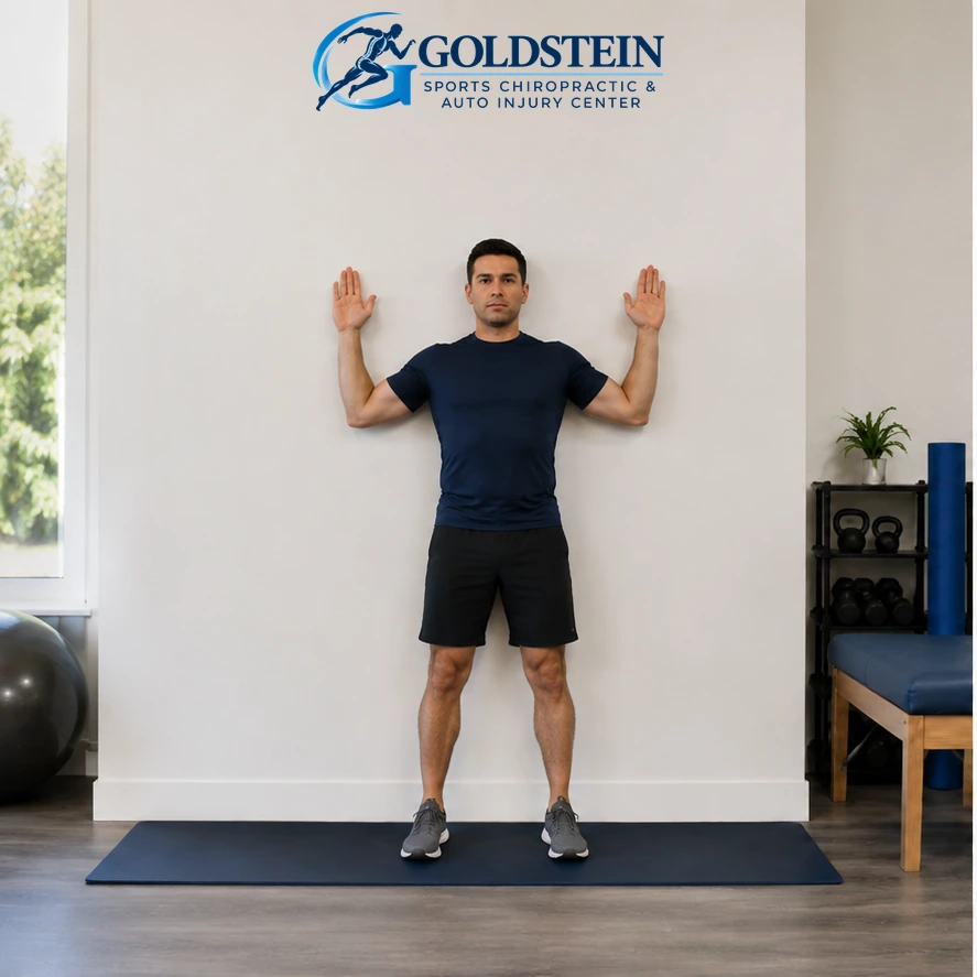 Wall angels demonstration by an AI model, not Dr. Goldstein or a patient.
