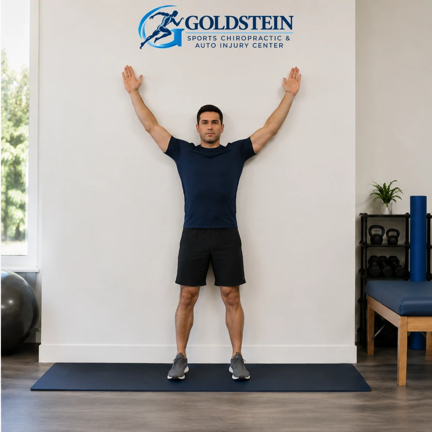 Movement position. Temporary AI model demonstrating Wall Angels, not Dr. Goldstein. Start and movement positions are described in the instructions.