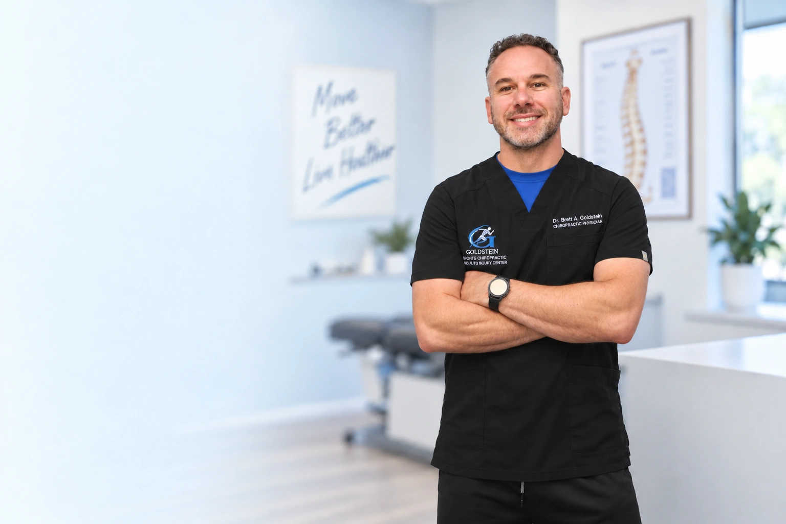 Dr. Brett A. Goldstein smiling with arms crossed, wearing black scrubs embroidered with the Goldstein Sports Chiropractic and Auto Injury Center logo