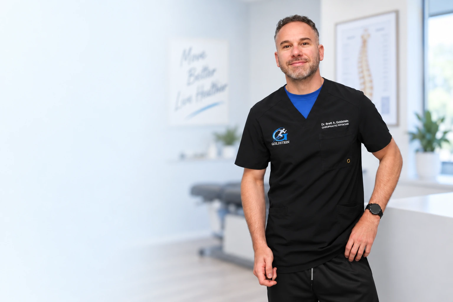 Dr. Brett A. Goldstein wearing black scrubs with his embroidered name and Goldstein practice logo