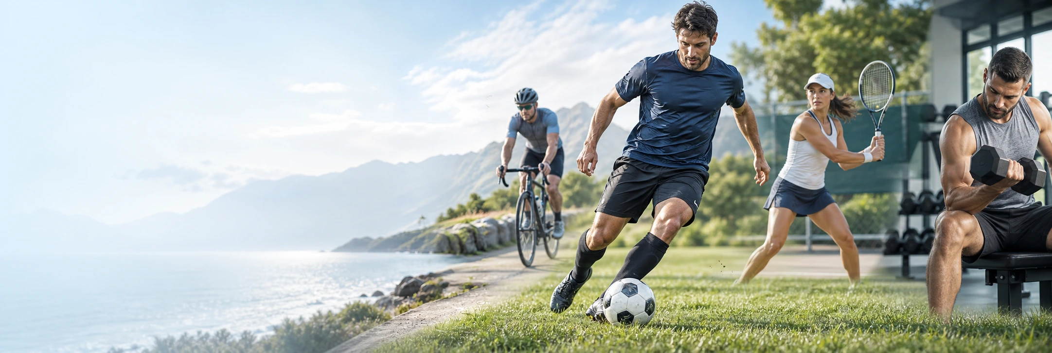 AI-assisted panoramic illustration of soccer, cycling, tennis and strength training; not actual patients or team affiliations.