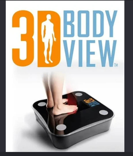 3D Body View foot scanner shown with a person standing on its scanning platform.