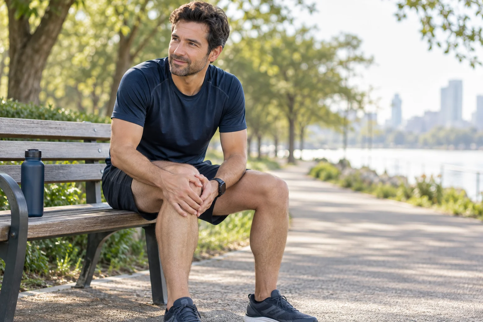 AI-generated topic illustration of a recreational runner resting on a bench.