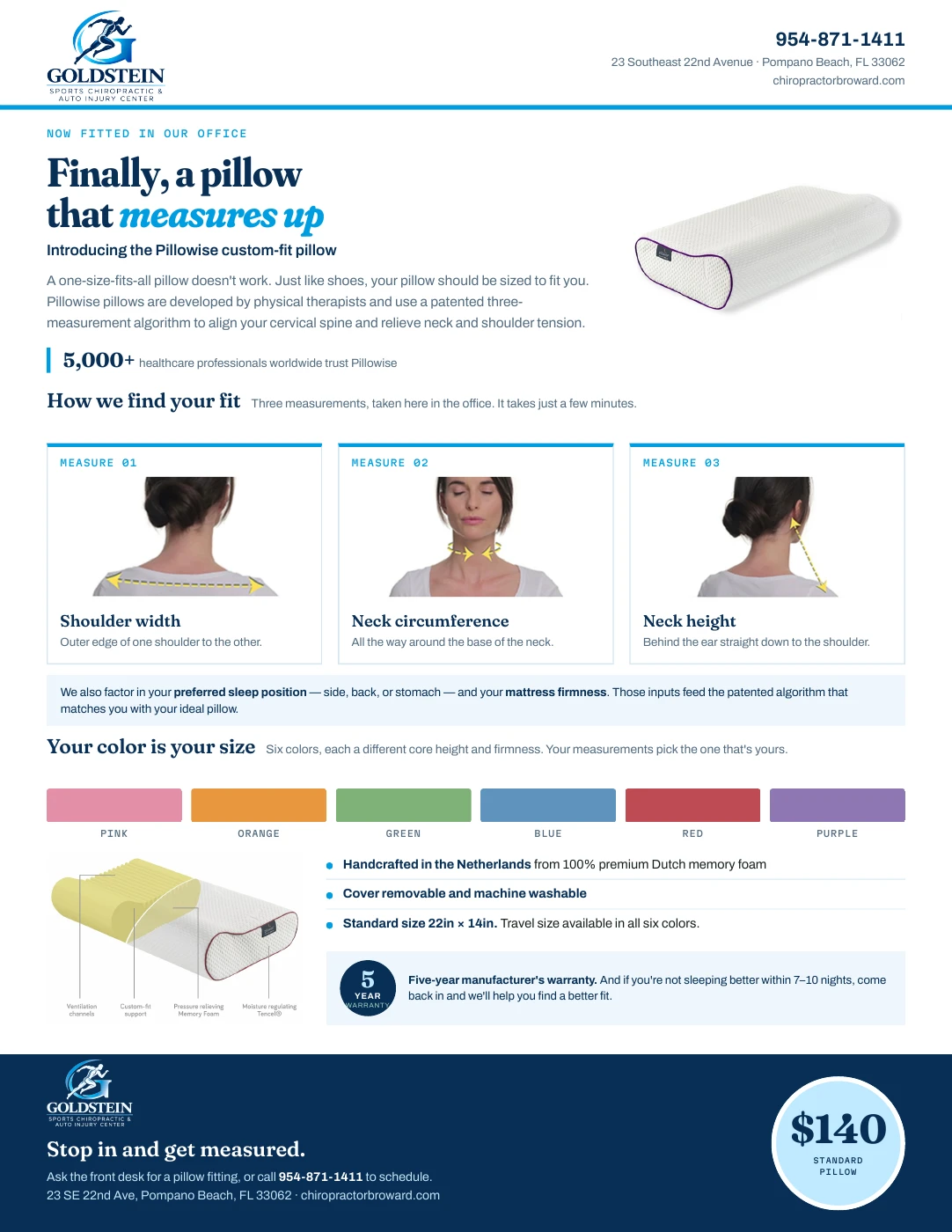 Goldstein Pillowise flyer with pillow fitting measurements, sizing colors and product information