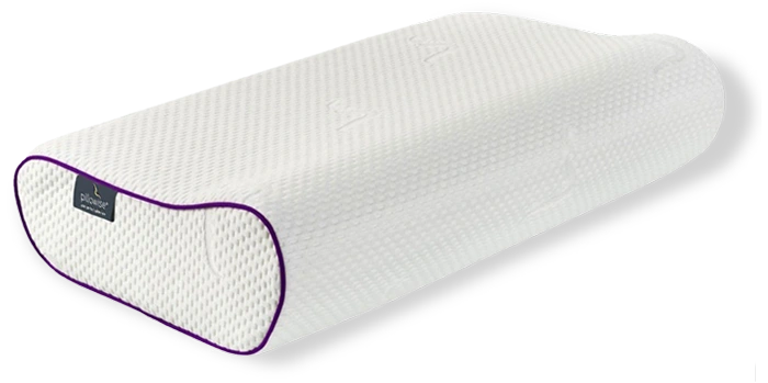 Official Pillowise product photograph of a white contoured pillow with purple piping.