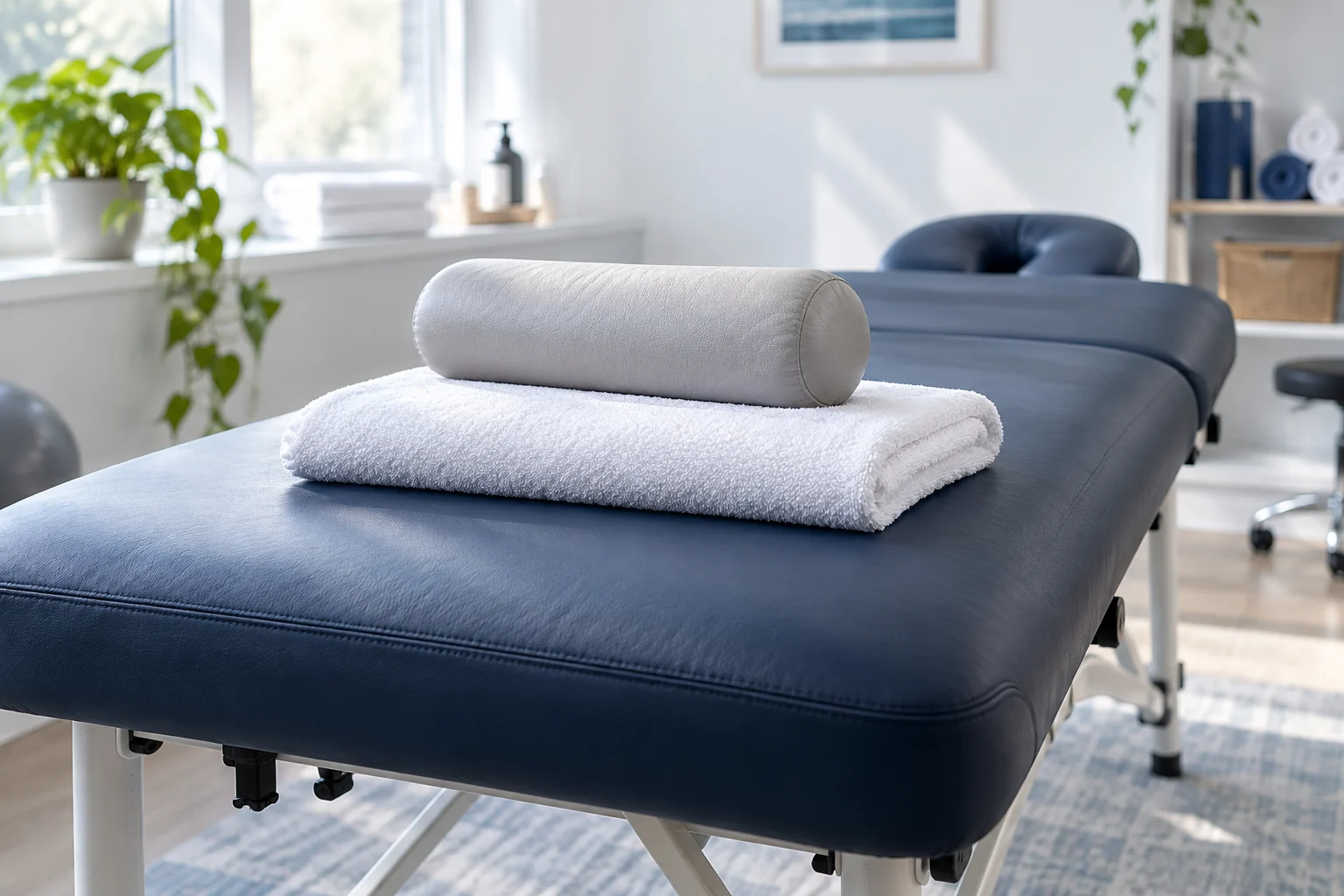 AI-generated illustrative treatment surface with a towel and bolster, not the office.