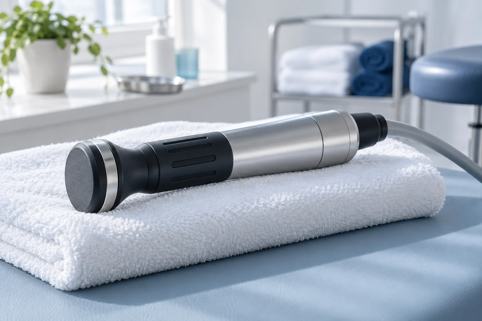 AI-generated illustrative acoustic-therapy handpiece, not the office device.