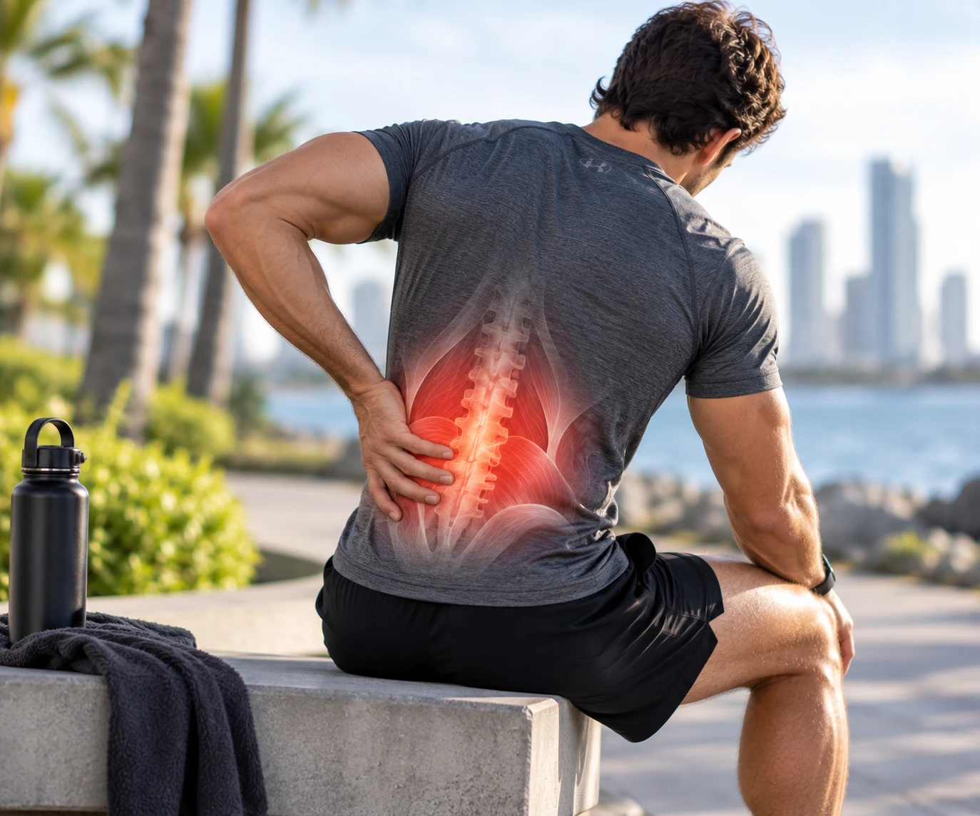 AI-assisted illustration of an active adult holding the lower back with a red lumbar overlay; not an actual patient encounter.