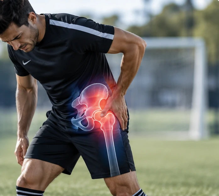 AI-assisted sports illustration of a soccer player holding the hip with an anatomical overlay; not an actual patient encounter.