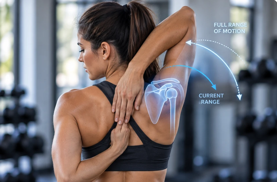 AI-assisted shoulder range-of-motion illustration with blue anatomical and range graphics; not an individual assessment.