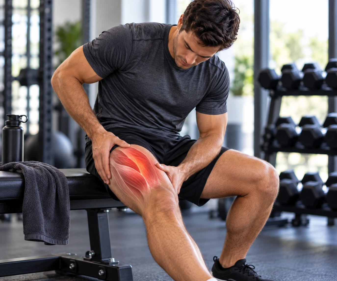AI-assisted sports illustration of a seated athletic adult holding the quadriceps, with a red muscle overlay; not an actual patient encounter.