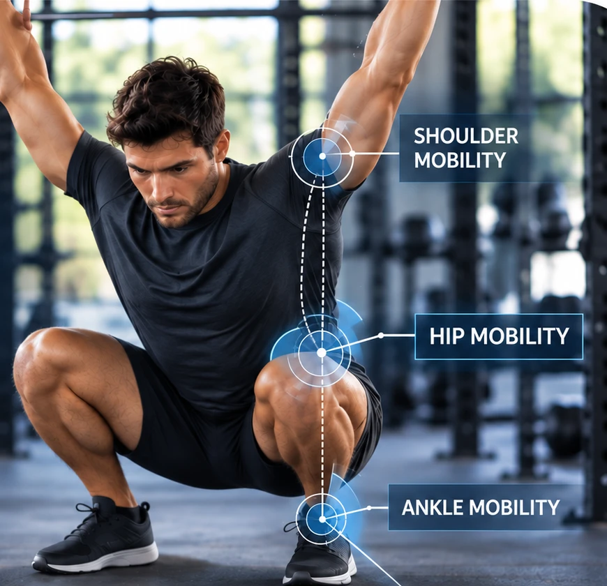 AI-assisted illustration of an athlete in a deep overhead squat with shoulder, hip and ankle mobility graphics; not an individual assessment or exercise prescription.