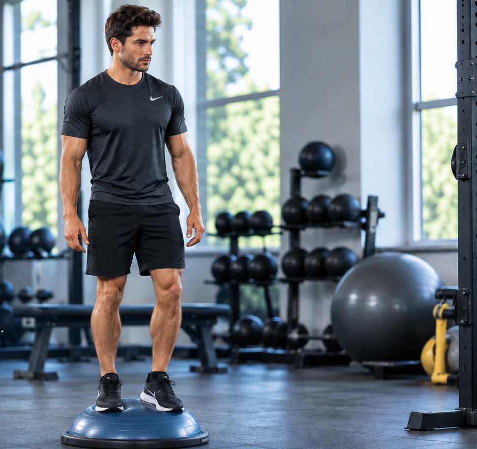 AI-assisted illustration of an athlete standing on a BOSU balance trainer without pulling equipment; an illustrative rehabilitation concept, not an exercise prescription.
